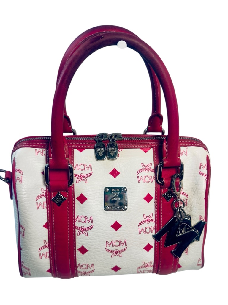 Mcm Small Boston Bag -White And Pink Visetos-Bag Charm With Chain Strap & Twilly